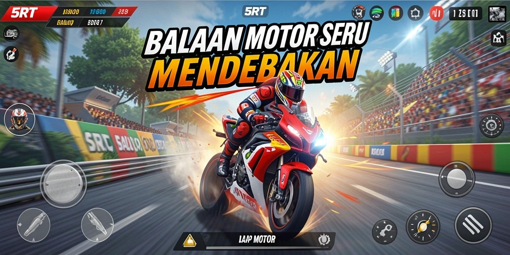 Tampilan antarmuka game Balap Motor 5RT yang menarik dan fungsional.