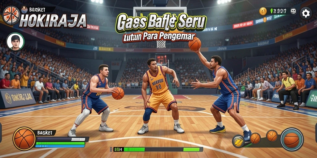 Antarmuka HOKIRAJA menampilkan pemain Basket dalam aksi yang mendebarkan.