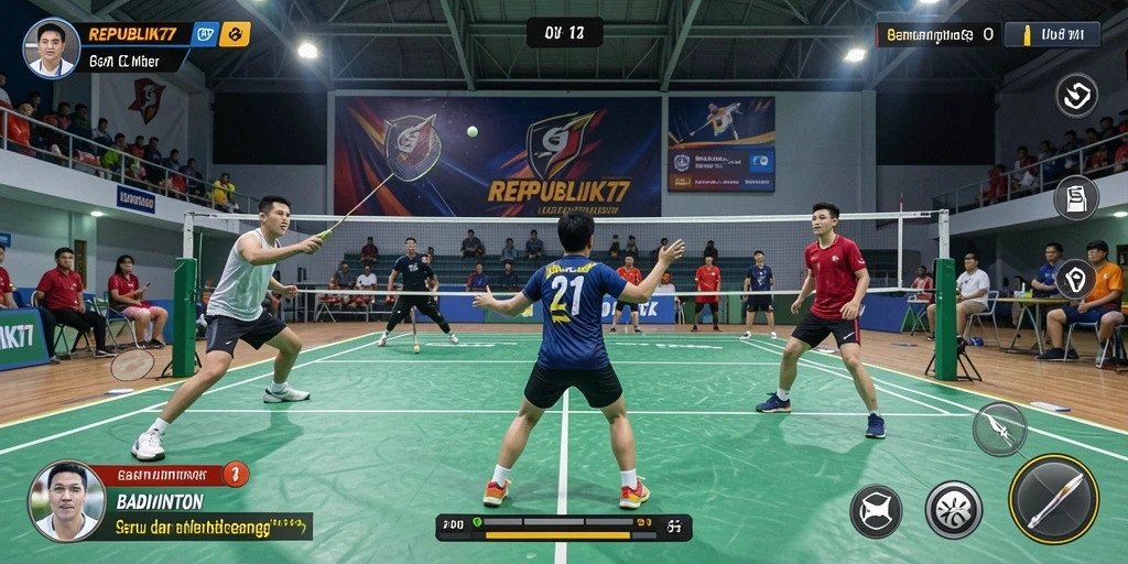 Antarmuka permainan <strong>REPUBLIK77</strong> dengan karakter badminton yang dinamis.