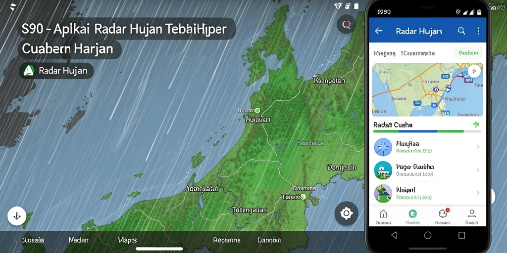 Screenshot utama S80 dengan tampilan peta radar hujan dan notifikasi cuaca.